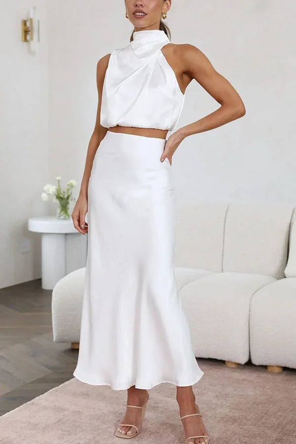 Women's Knit Skirt Set Draped Neck Top and Flowy Maxi Skirt Two Piece Outfit – view 7