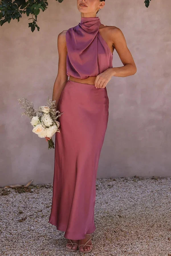 Women's Knit Skirt Set Draped Neck Top and Flowy Maxi Skirt Two Piece Outfit – view 9