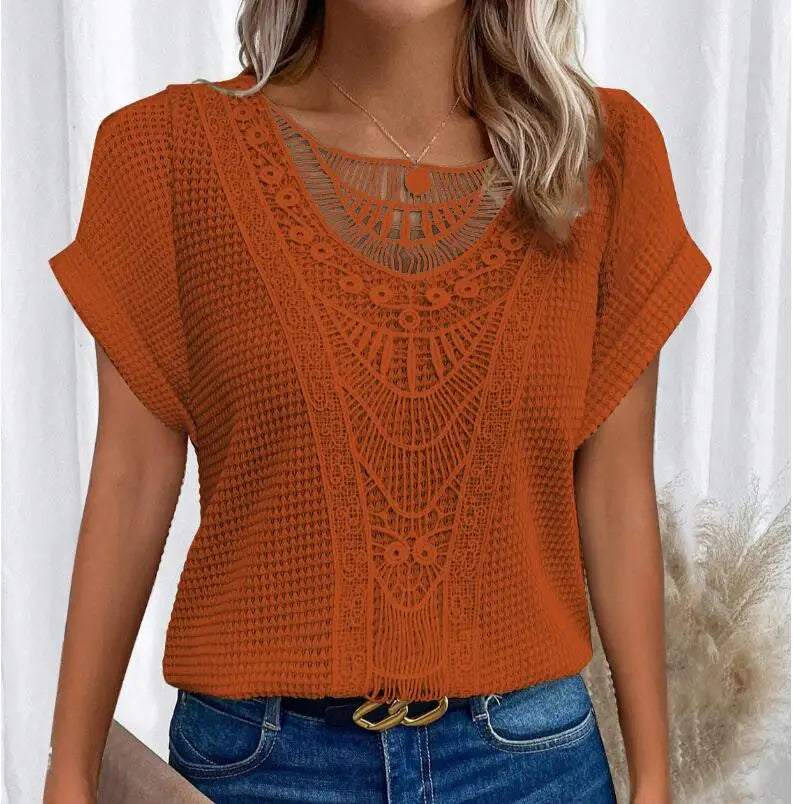 Women's Knitted Lace Top with Short Sleeves