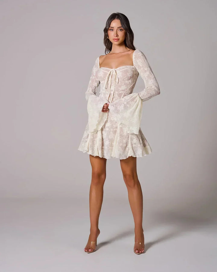 Women's Lace Mini Dress with Flared Sleeves