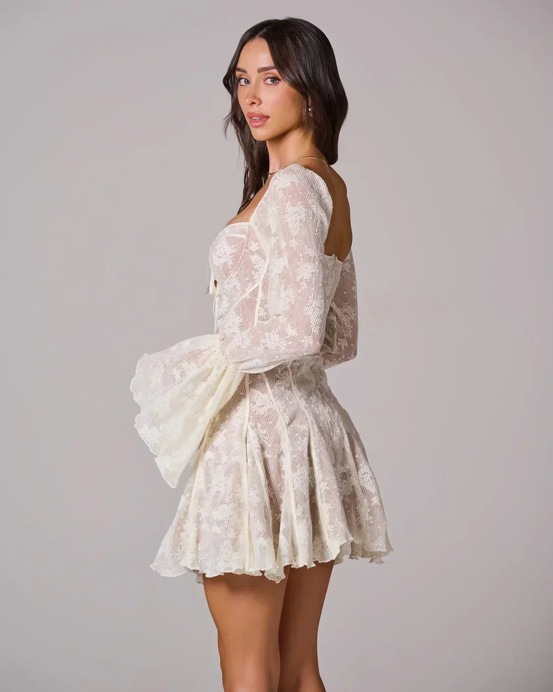 Women's Lace Mini Dress with Flared Sleeves