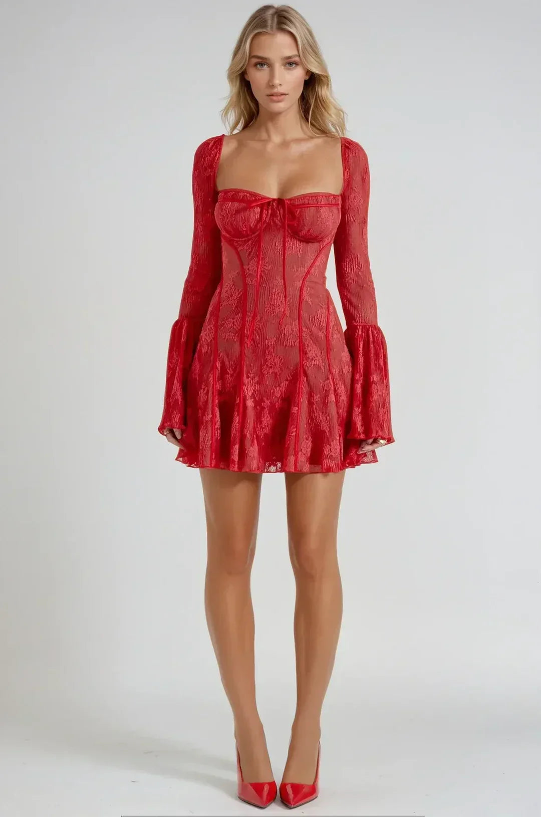 Women's Lace Mini Dress with Flared Sleeves - Red