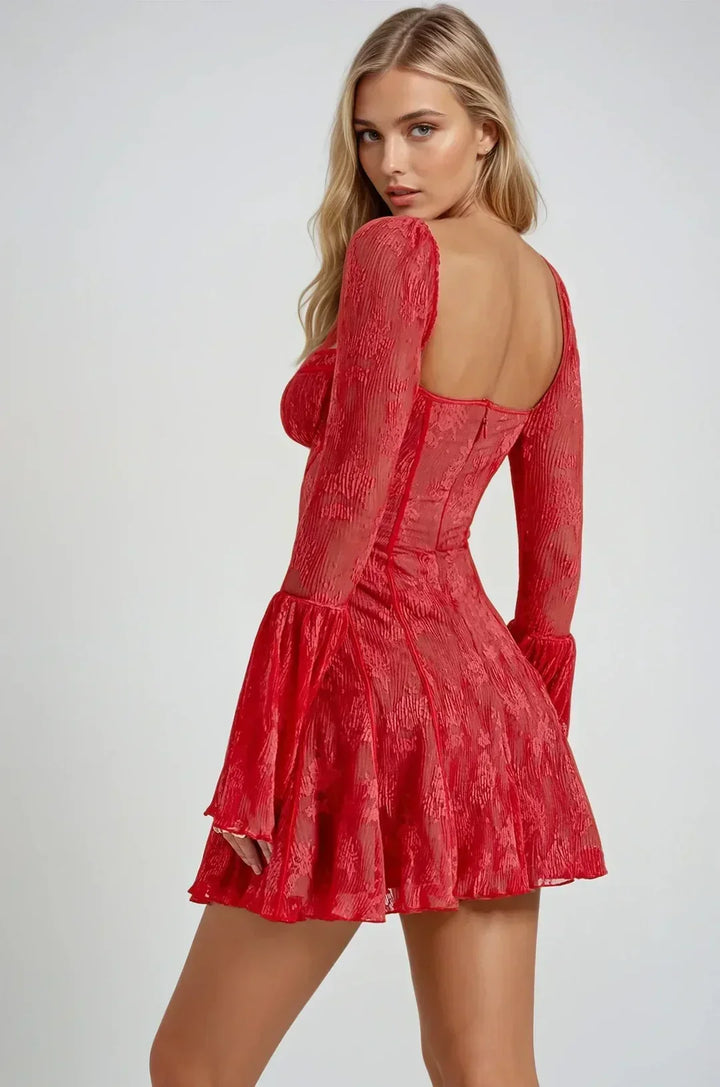 Women's Lace Mini Dress with Flared Sleeves