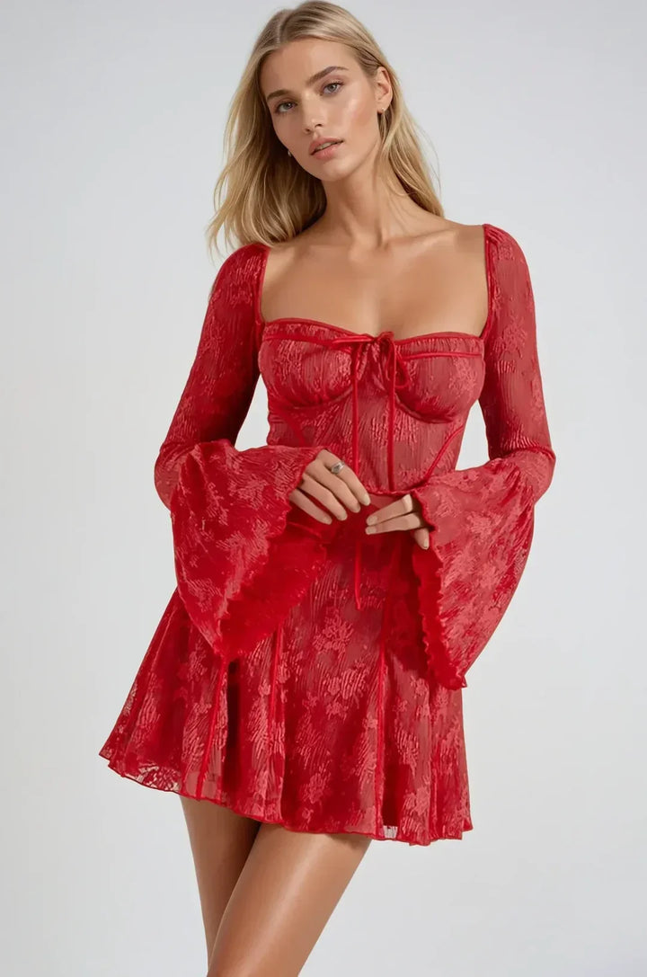 Women's Lace Mini Dress with Flared Sleeves