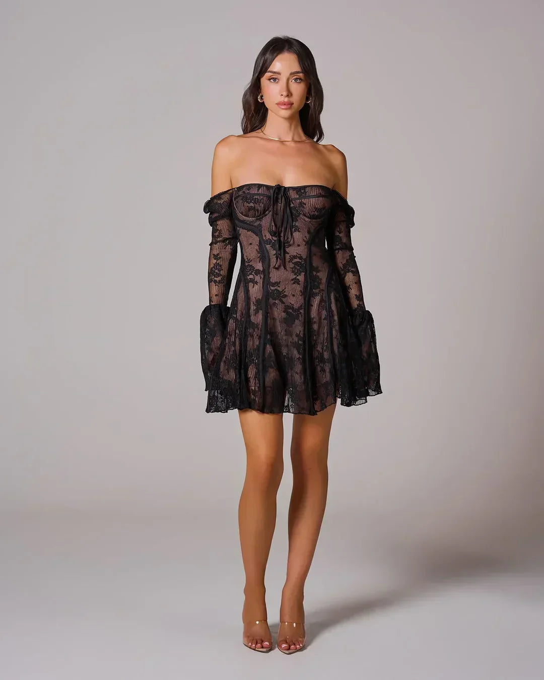 Women's Lace Mini Dress with Flared Sleeves
