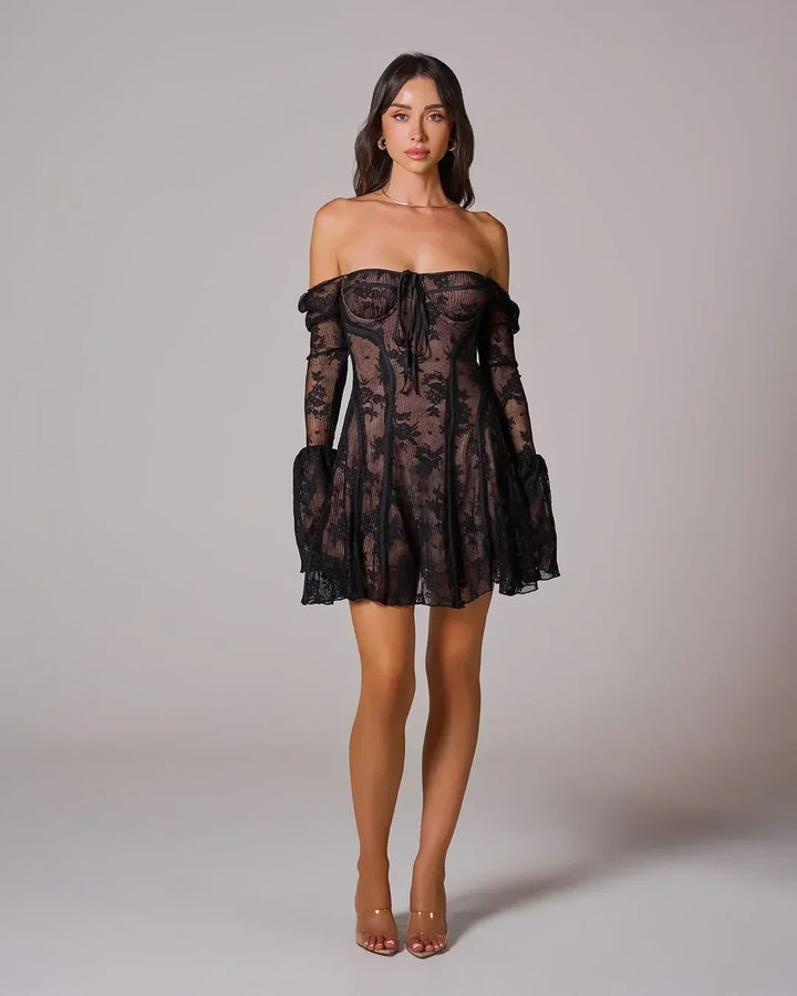Women's Lace Mini Dress with Flared Sleeves