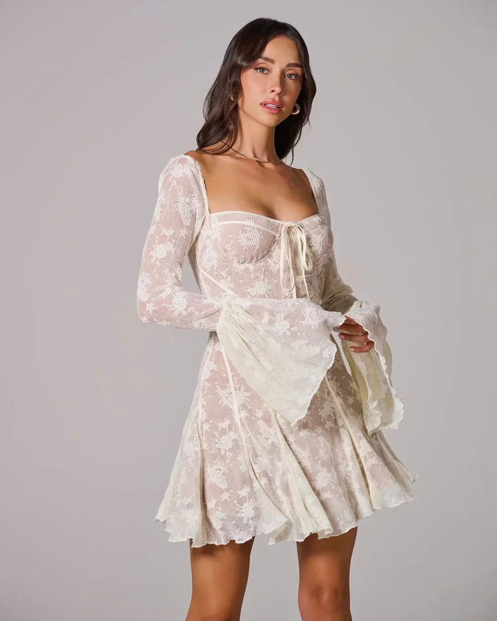 Women's Lace Mini Dress with Flared Sleeves - White