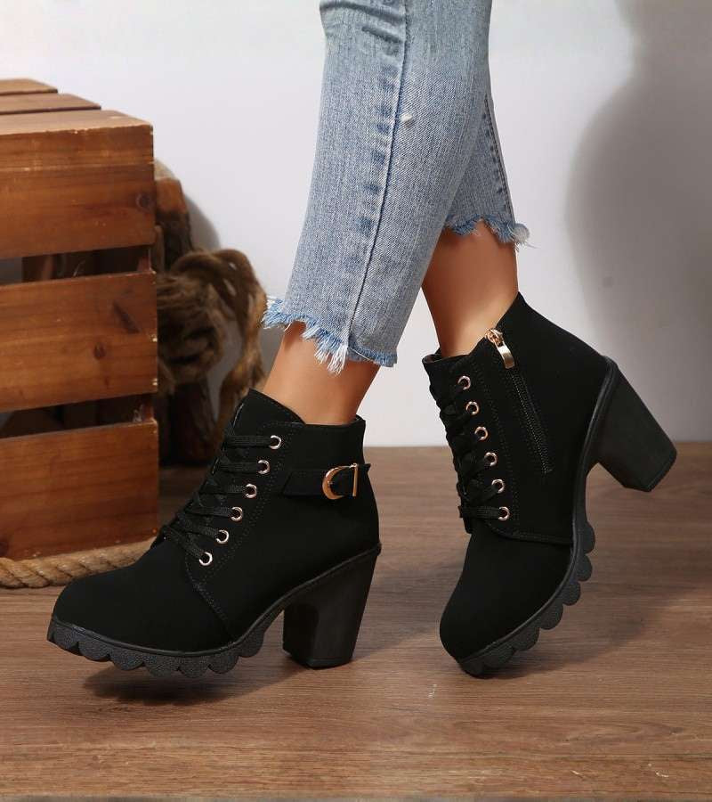Women's Lace-Up Ankle Boots with Buckle and Block Heel - photo 1