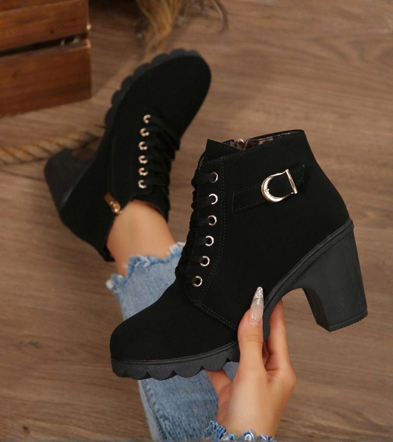 Women's Lace-Up Ankle Boots with Buckle and Block Heel - photo 2