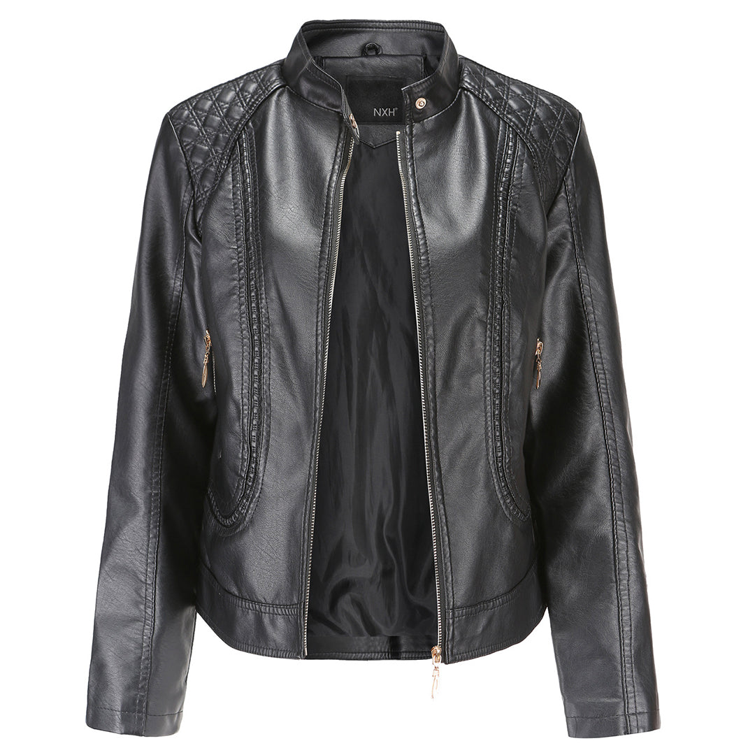 Women's Leather Look Jacket with Stand Collar - photo 1