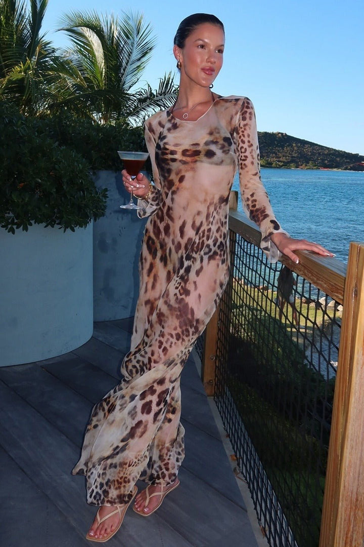 Marnie - Women's Leopard Print Bodycon Maxi Dress with Open Back