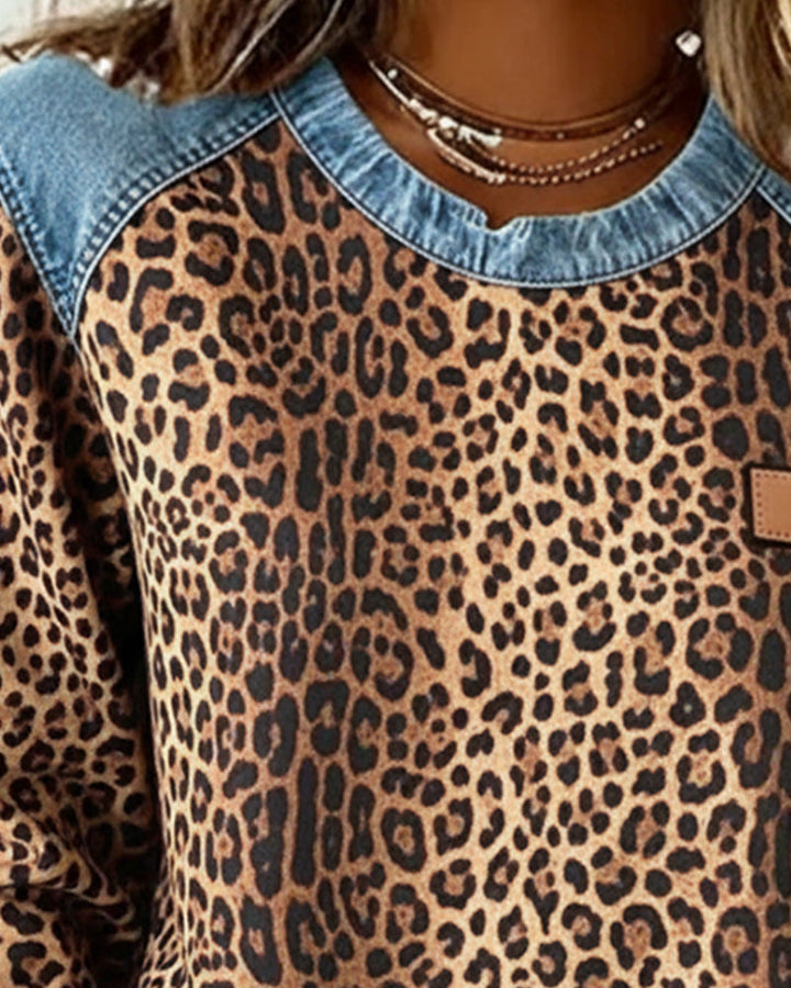 Women's Leopard Print Denim Patchwork Sweatshirt - photo 2
