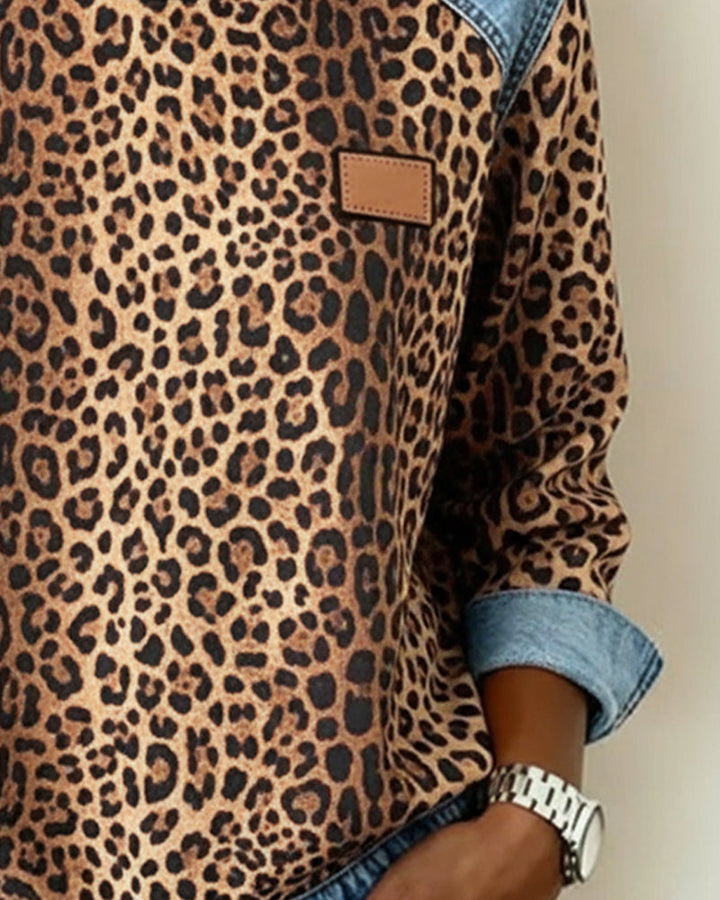 Women's Leopard Print Denim Patchwork Sweatshirt - photo 3