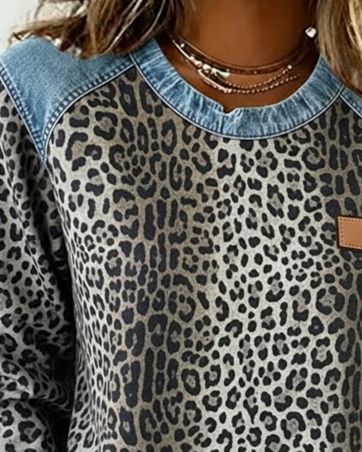 Women's Leopard Print Denim Patchwork Sweatshirt - photo 5