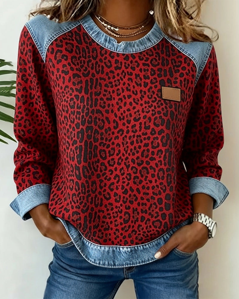 Women's Leopard Print Denim Patchwork Sweatshirt - photo 7