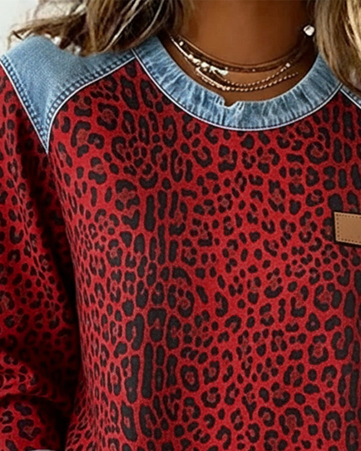 Women's Leopard Print Denim Patchwork Sweatshirt - photo 8