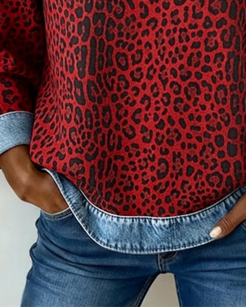 Women's Leopard Print Denim Patchwork Sweatshirt - photo 9