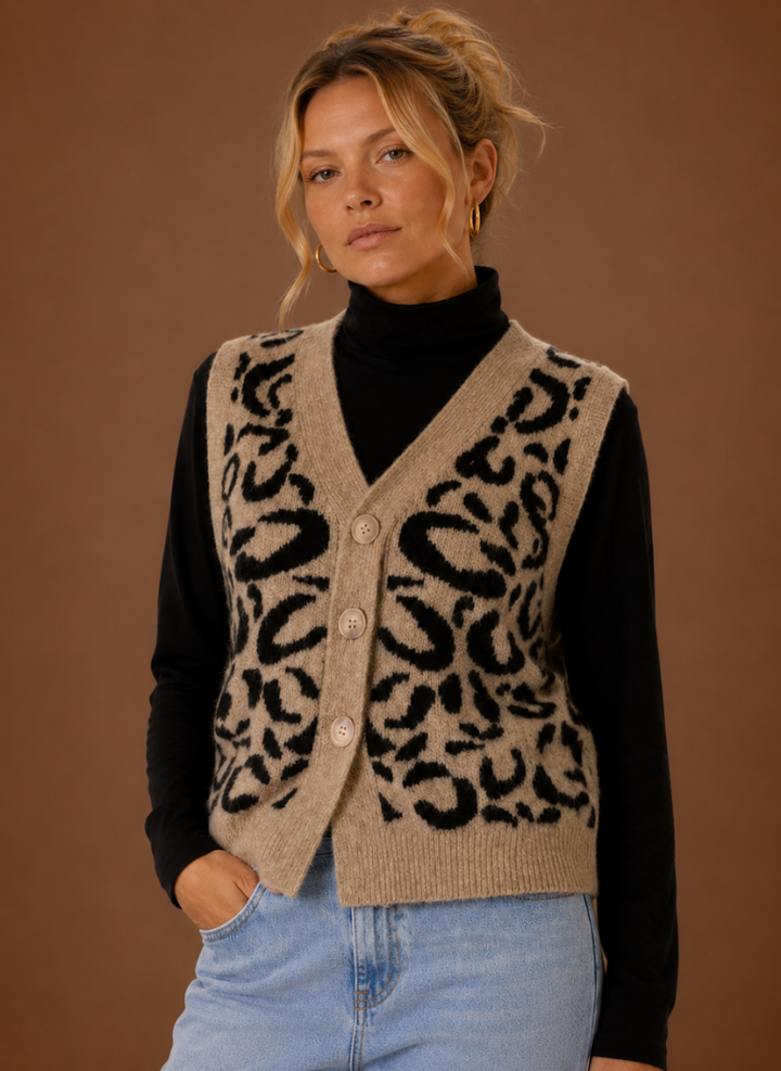 Women's Leopard Print V-Neck Sweater Vest - Animal Print