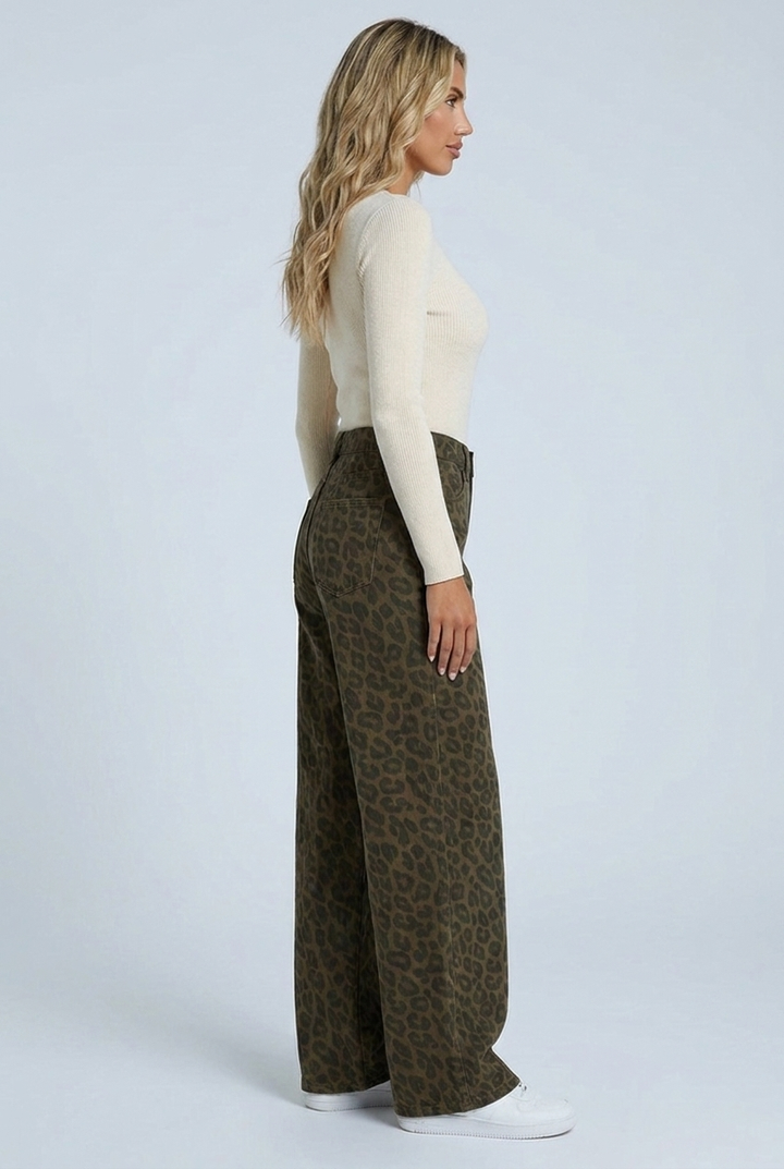Side view showing the wide leg falling straight to the hem
