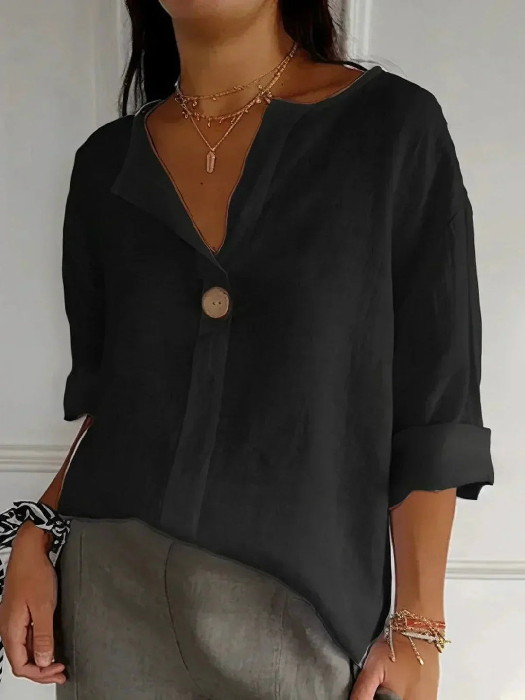 Women's Linen Blouse with a V Neck