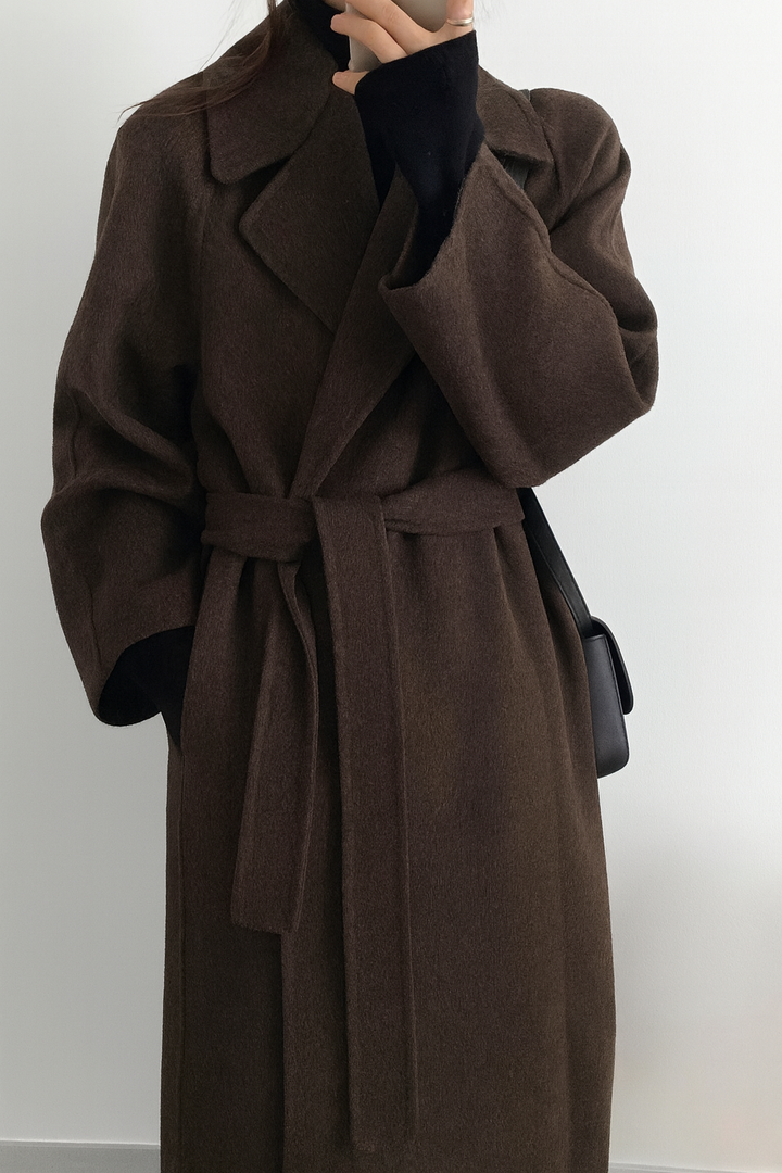 Women's Long Belted Coat with Lapel Collar - photo 1