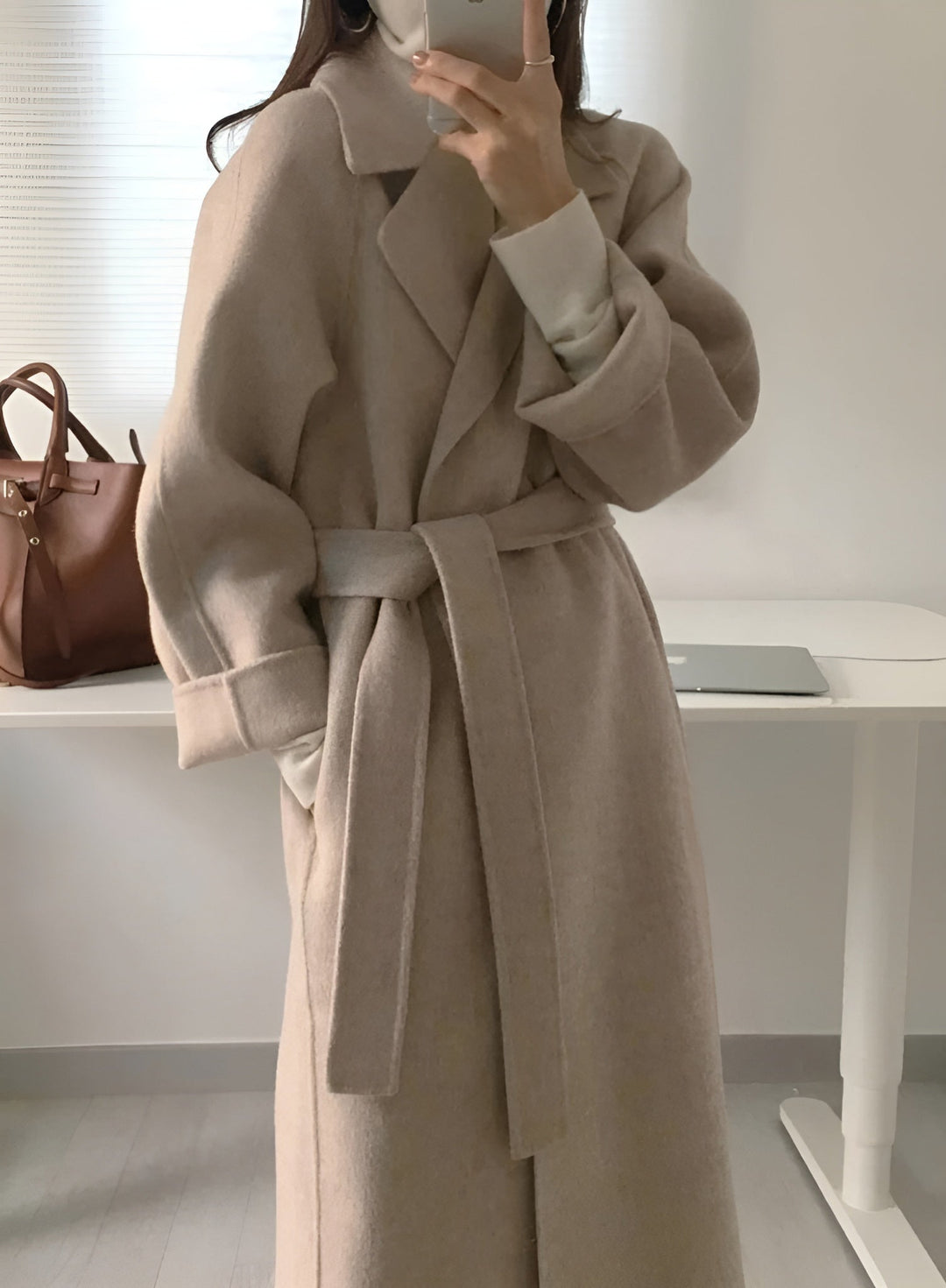 Women's Long Belted Coat with Lapel Collar - photo 2