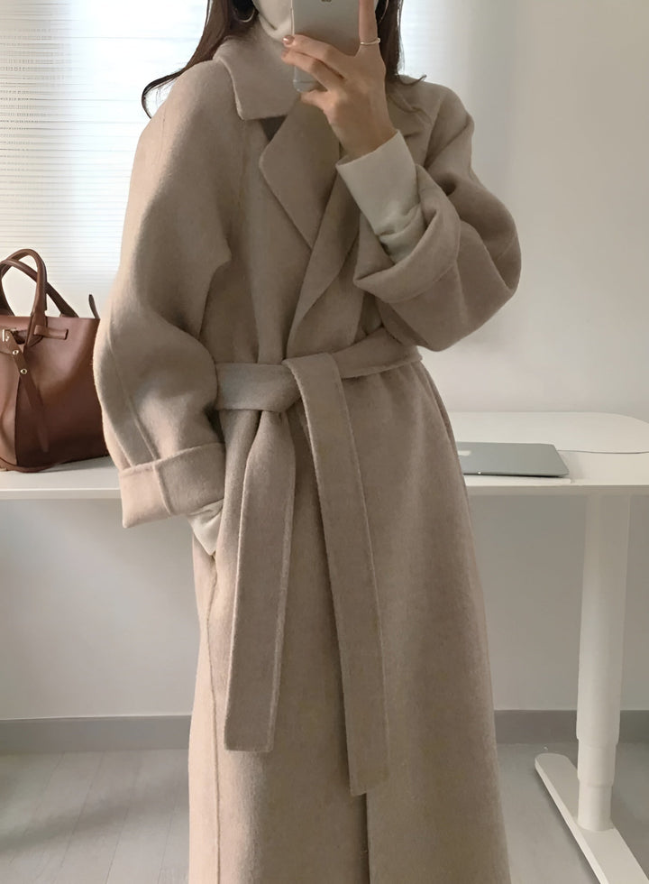 Women's Long Belted Coat with Lapel Collar - photo 2