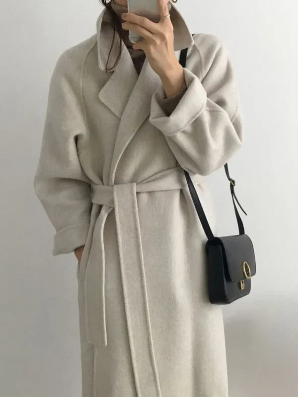 Women's Long Belted Coat with Lapel Collar - photo 3