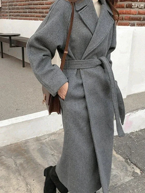 Women's Long Belted Coat with Lapel Collar - photo 5