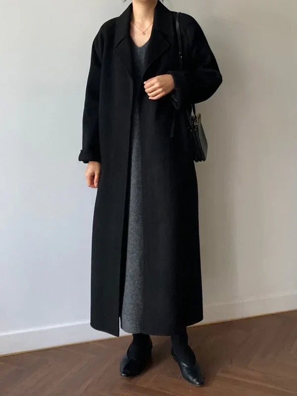 Women's Long Belted Coat with Lapel Collar - photo 7