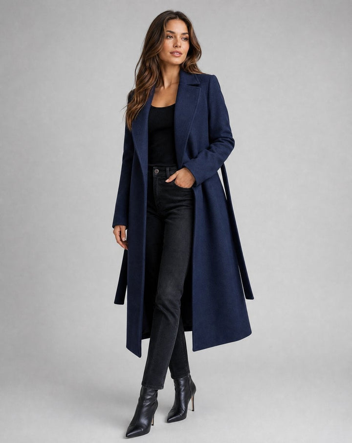 Women's Long Belted Coat with Wide Lapels - Navy Blue