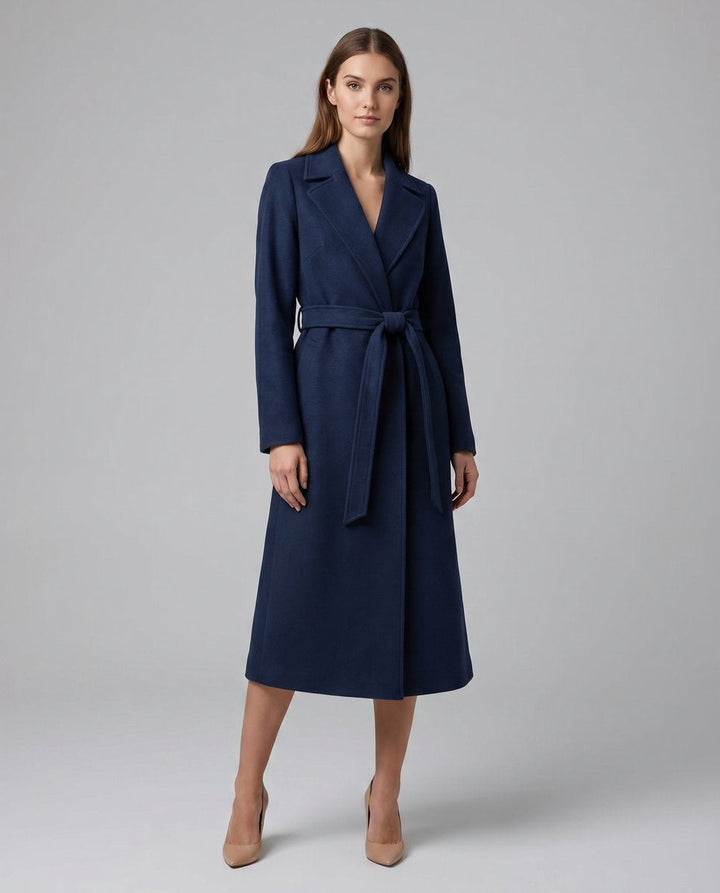 Women's Long Belted Coat with Wide Lapels