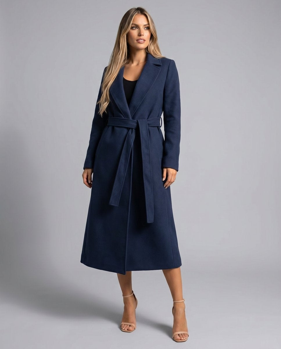 Women's Long Belted Coat with Wide Lapels