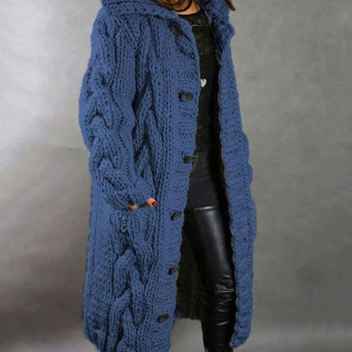 Women's Long Hooded Cable Knit Cardigan - Blue
