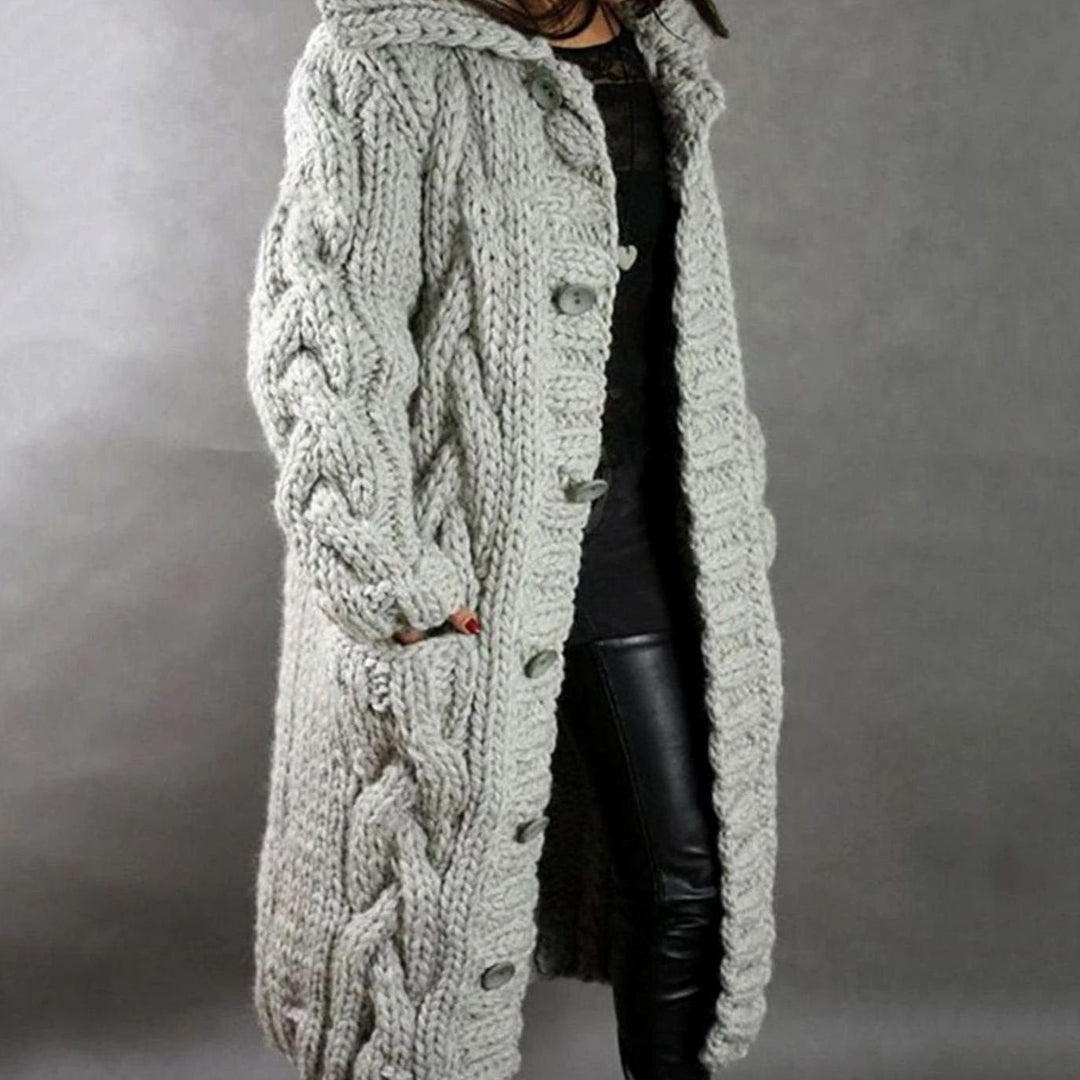 Women's Long Hooded Cable Knit Cardigan - Silver Grey
