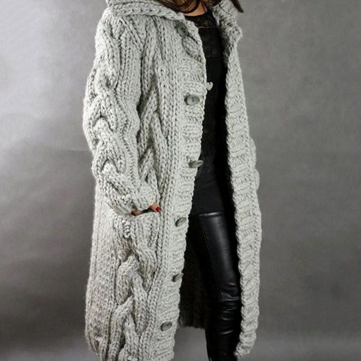 Women's Long Hooded Cable Knit Cardigan - Silver Grey