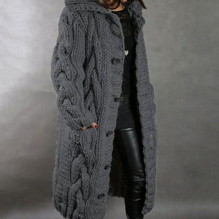 Women's Long Hooded Cable Knit Cardigan - Dark Grey