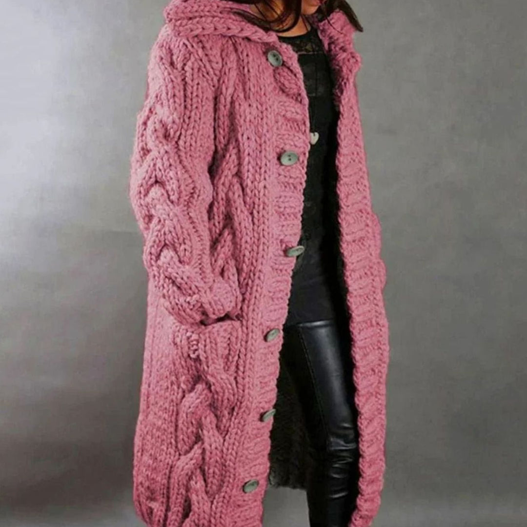 Women's Long Hooded Cable Knit Cardigan - Pink