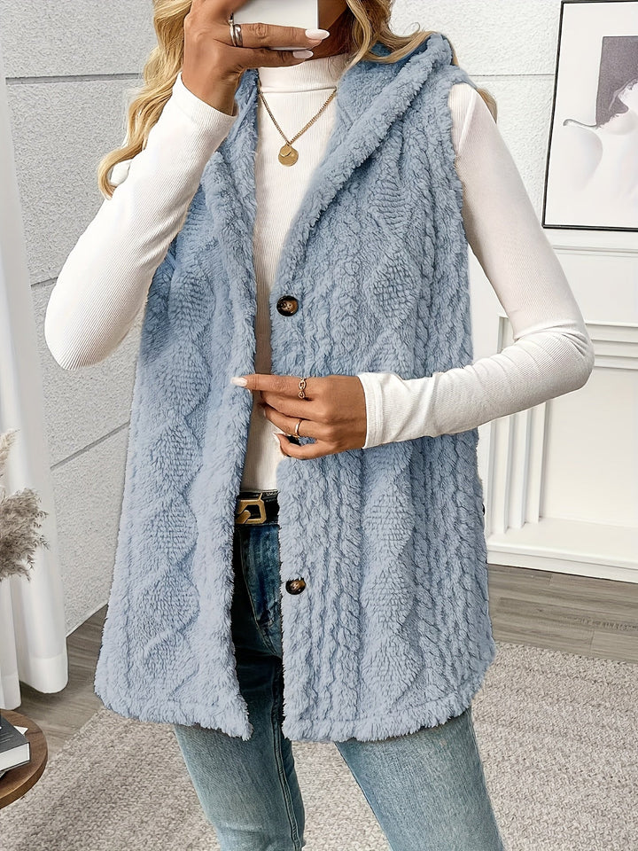 Women's Long Hooded Knit Waistcoat with Buttons - photo 3
