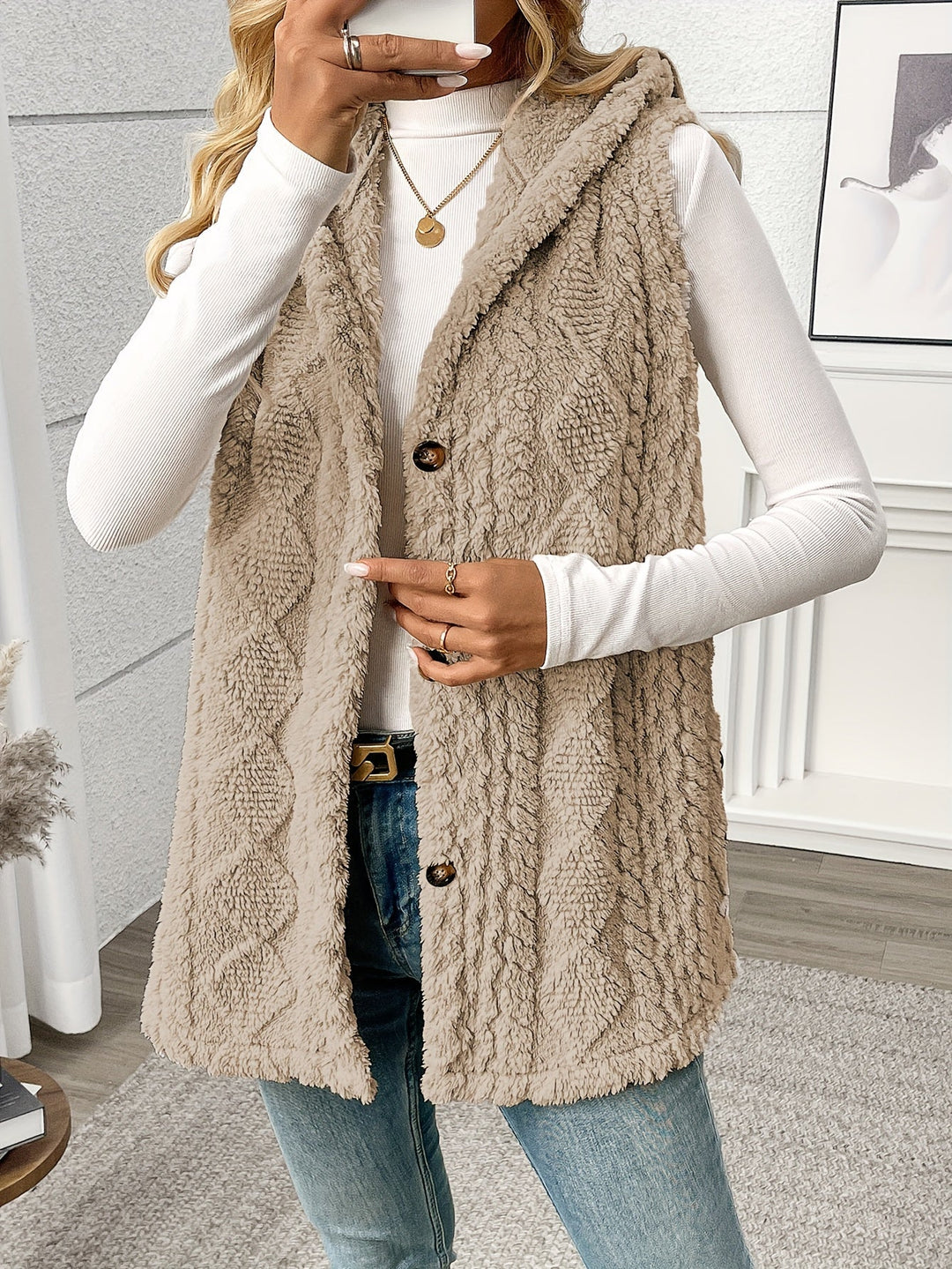 Women's Long Hooded Knit Waistcoat with Buttons - photo 4