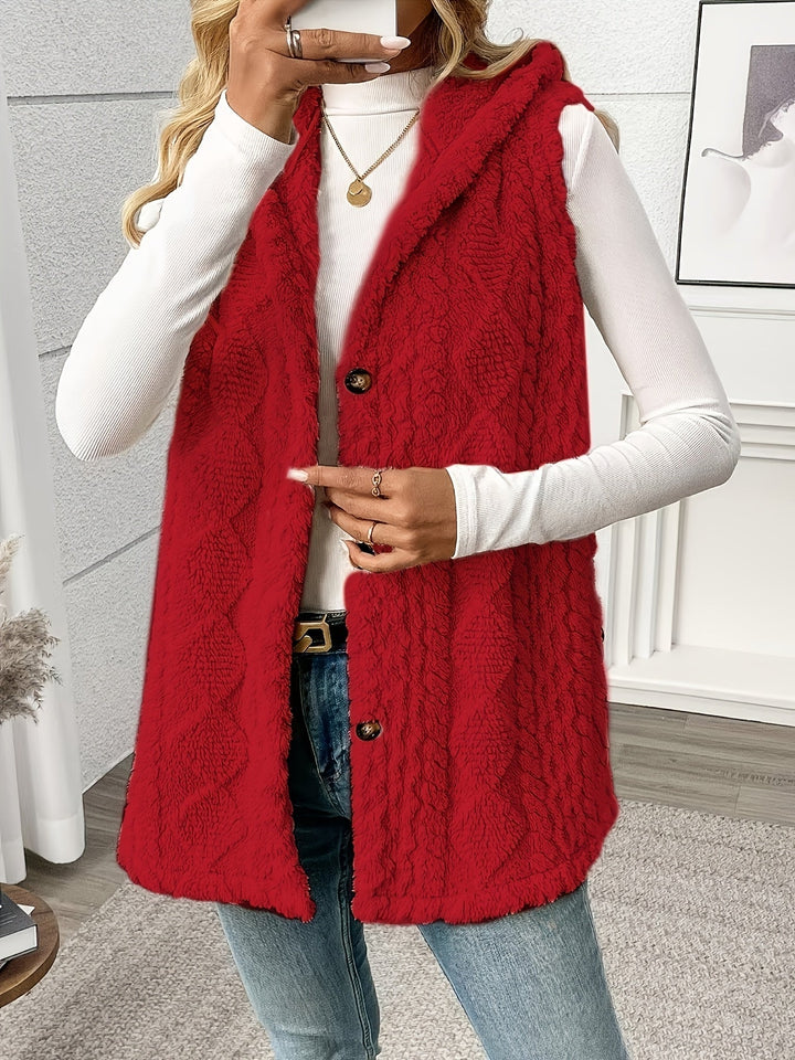 Women's Long Hooded Knit Waistcoat with Buttons - photo 5