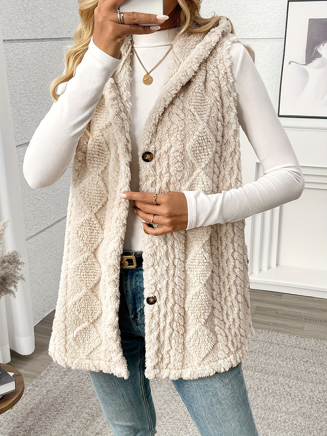 Women's Long Hooded Knit Waistcoat with Buttons - photo 6