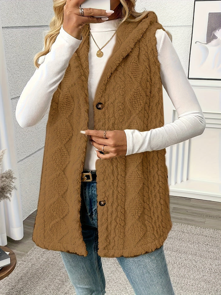 Women's Long Hooded Knit Waistcoat with Buttons - photo 8