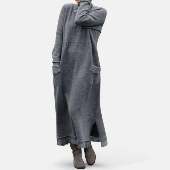 Women's Long Knitted Dress with Stand Collar and Pockets - photo 1