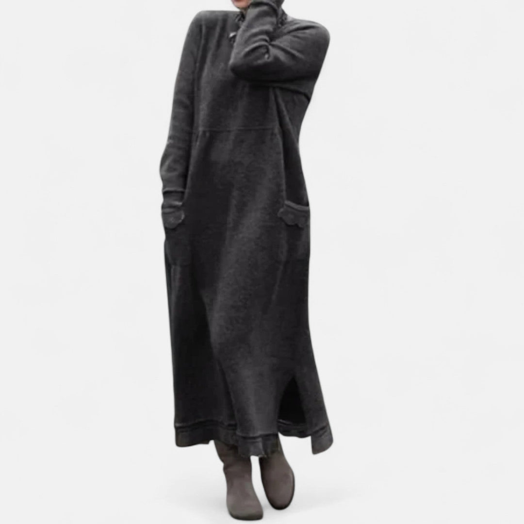 Women's Long Knitted Dress with Stand Collar and Pockets - photo 2