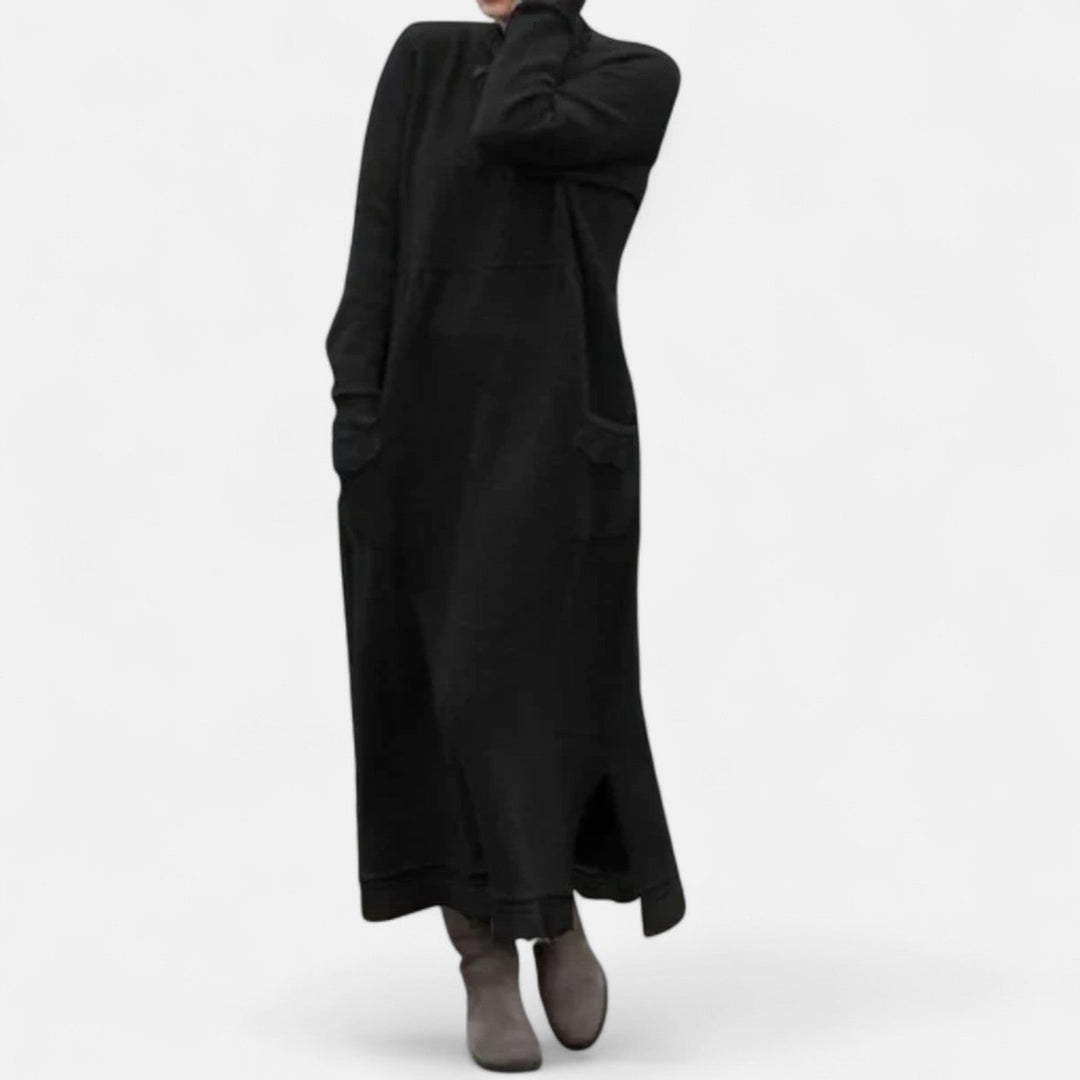 Women's Long Knitted Dress with Stand Collar and Pockets - photo 3
