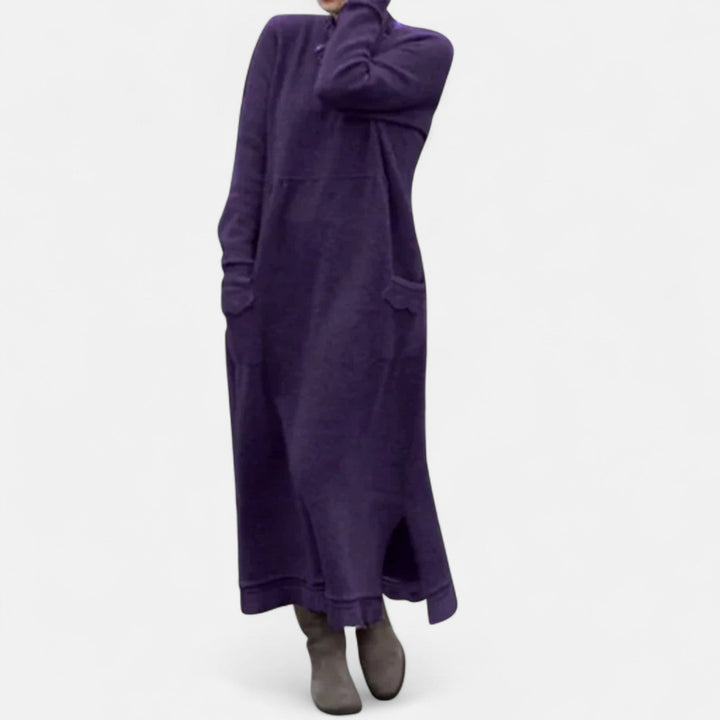 Women's Long Knitted Dress with Stand Collar and Pockets - photo 6