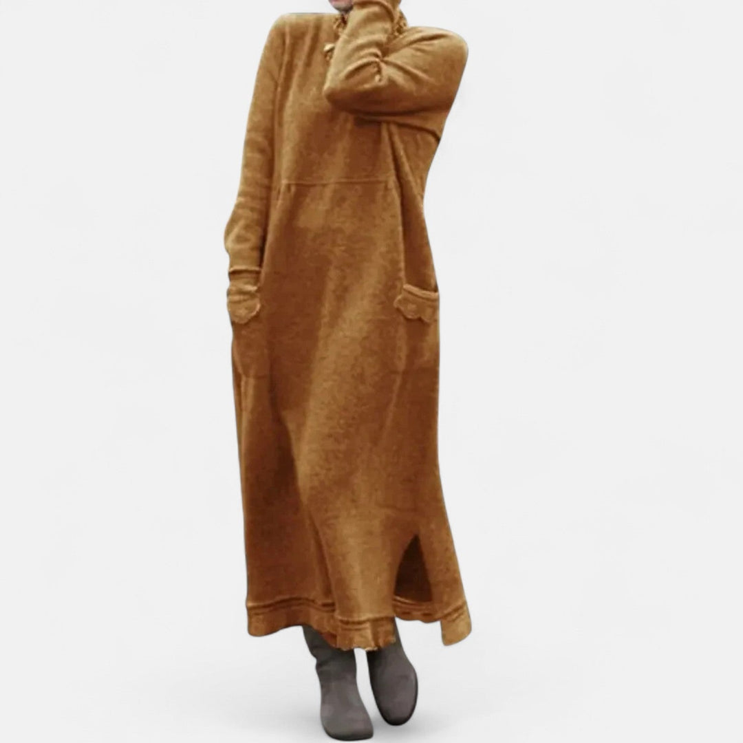 Women's Long Knitted Dress with Stand Collar and Pockets - photo 8