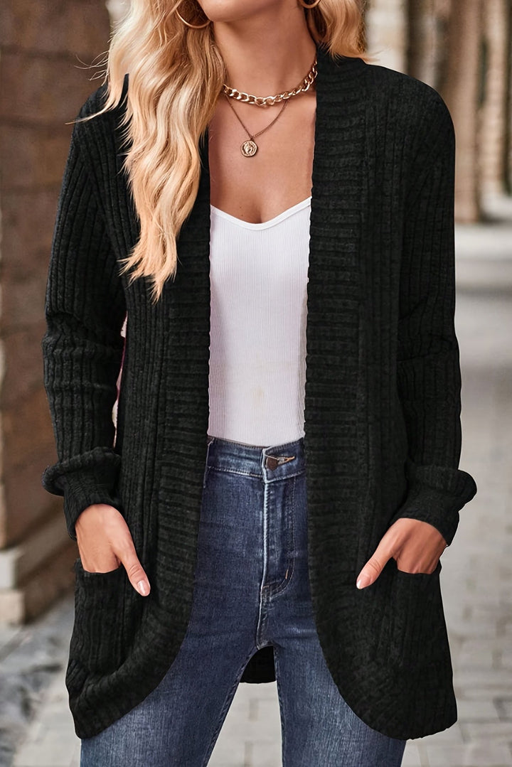 Women's Long Open Front Cardigan with Side Pockets - Black