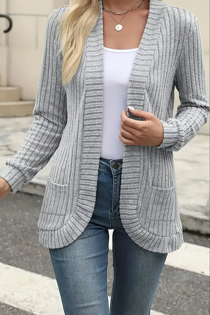 Women's Long Open Front Cardigan with Side Pockets - Grey